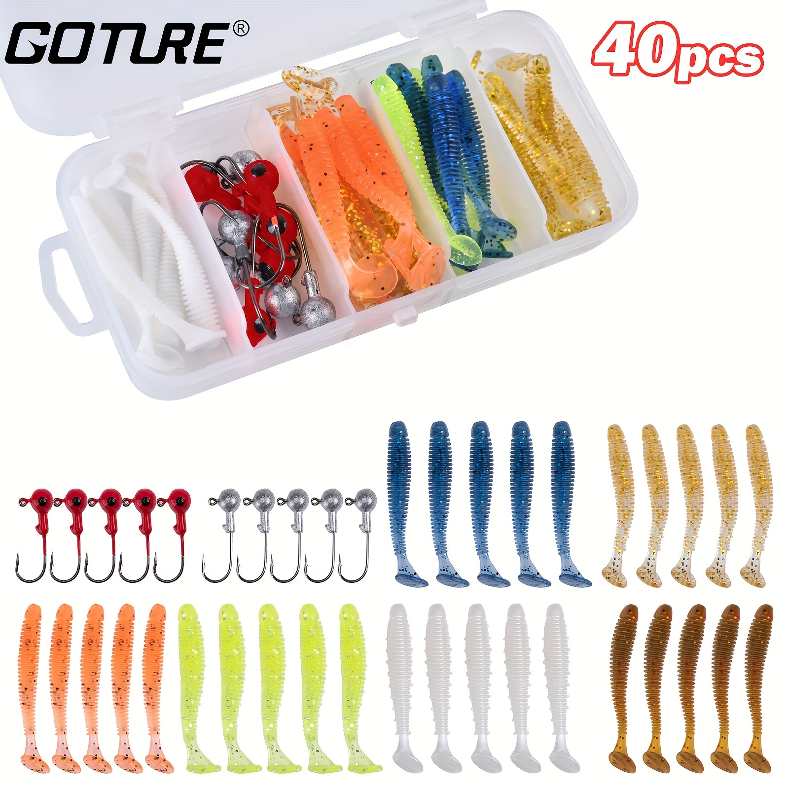 40pcs/set TPE T-Tail Soft Fishing Lures And Lead Head Fishing Jig Hooks  Set, With Fishing Tackle Box, For Freshwater & Saltwater Fishing