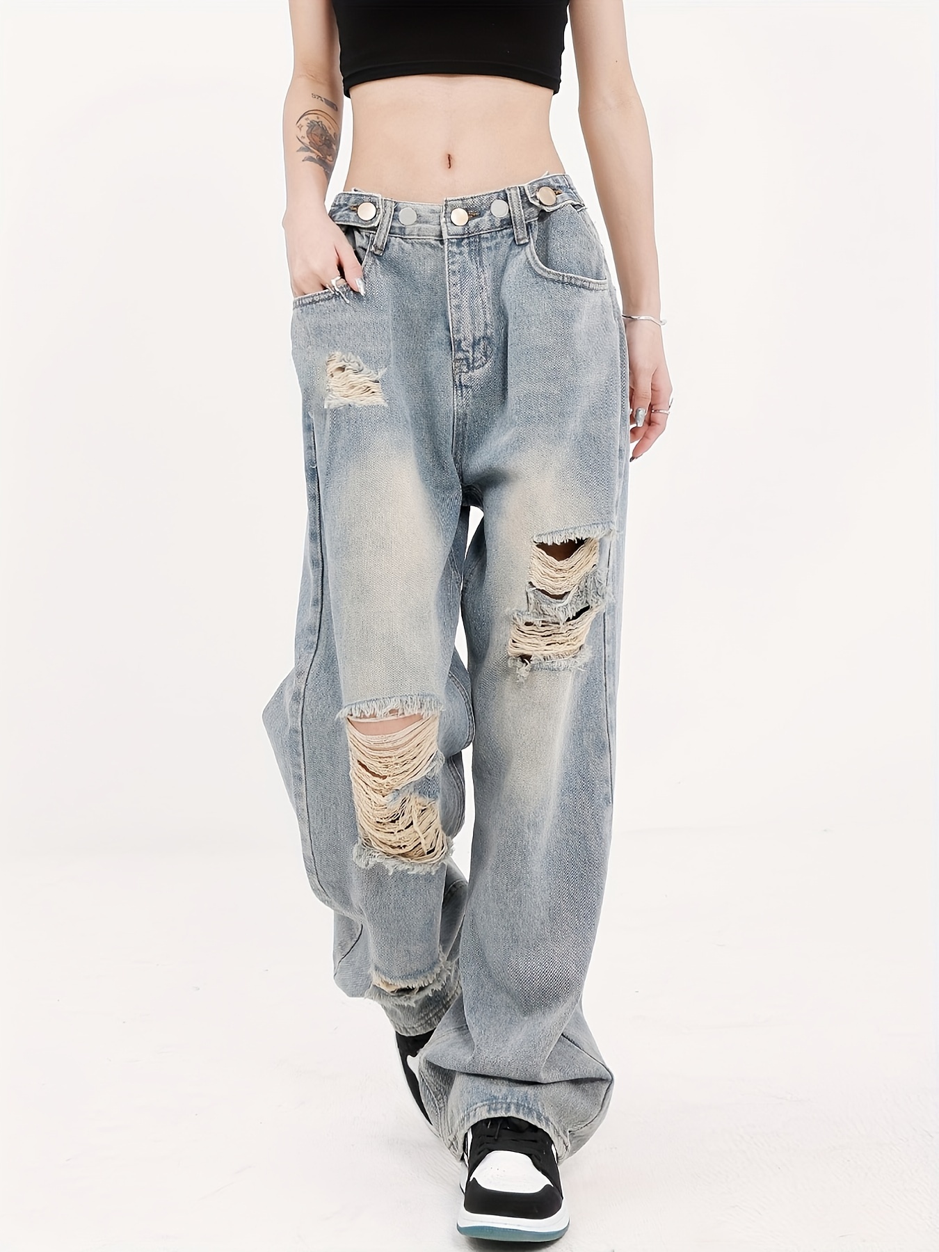 Blue Loose Fit Straight Jeans, Washed Ripped Holes Ombre Non-Stretch Baggy  Denim Pants, Women's Denim Jeans & Clothing