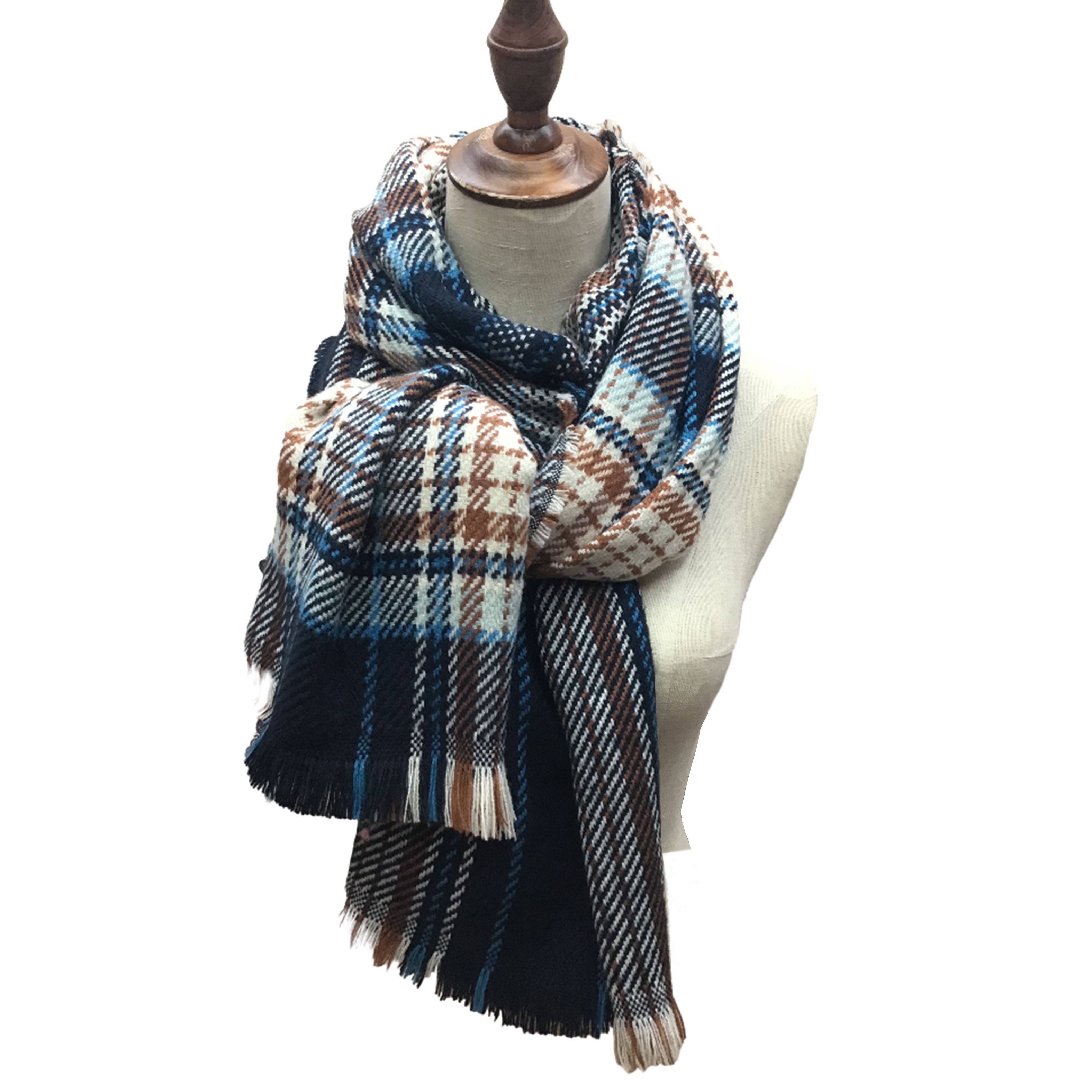 1pc Blue Plaid Pattern Double Use Scarf For Women, Winter