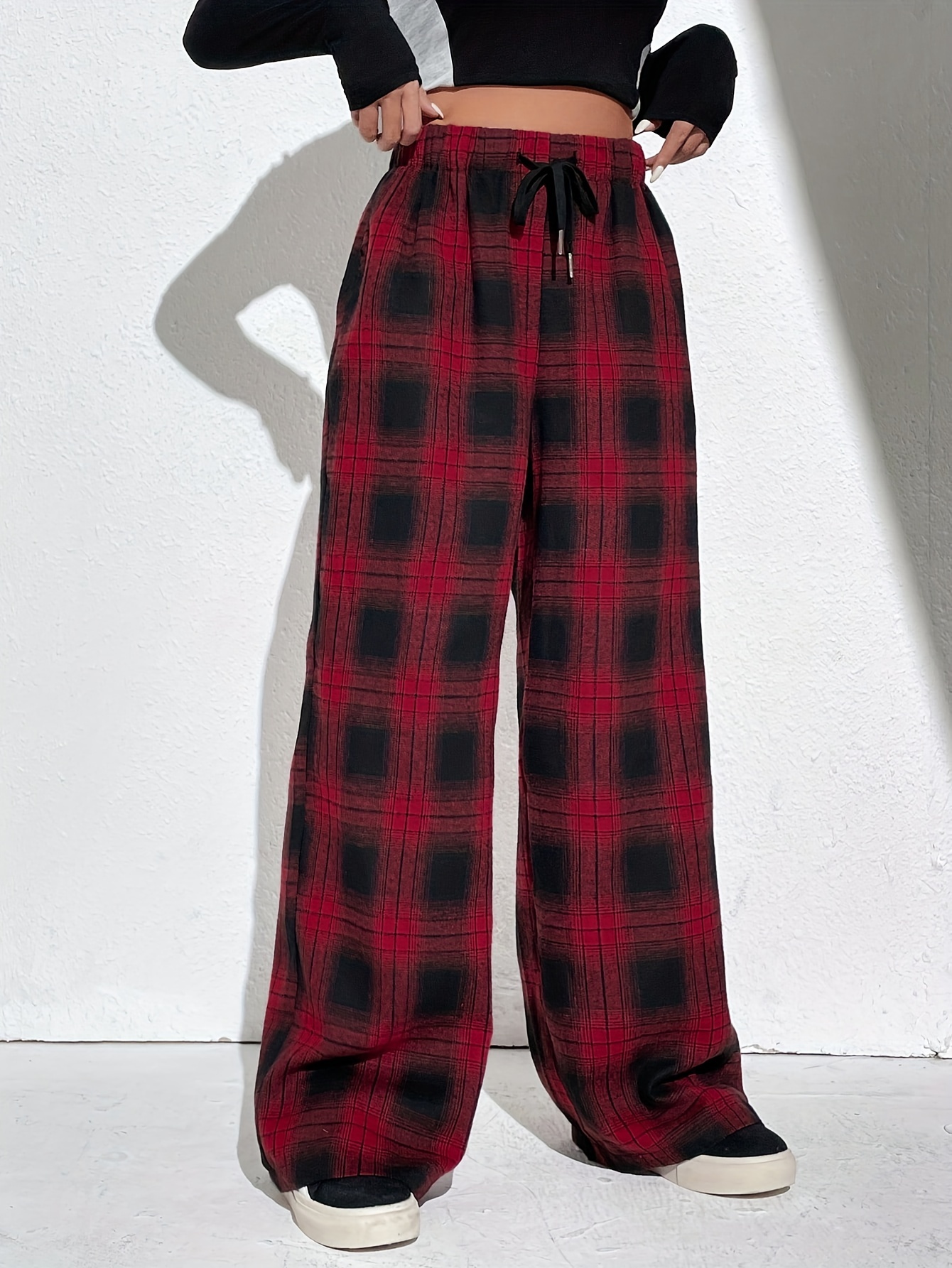 Plus Size Casual Pajama Pants Women's Plus Plaid Print High - Temu