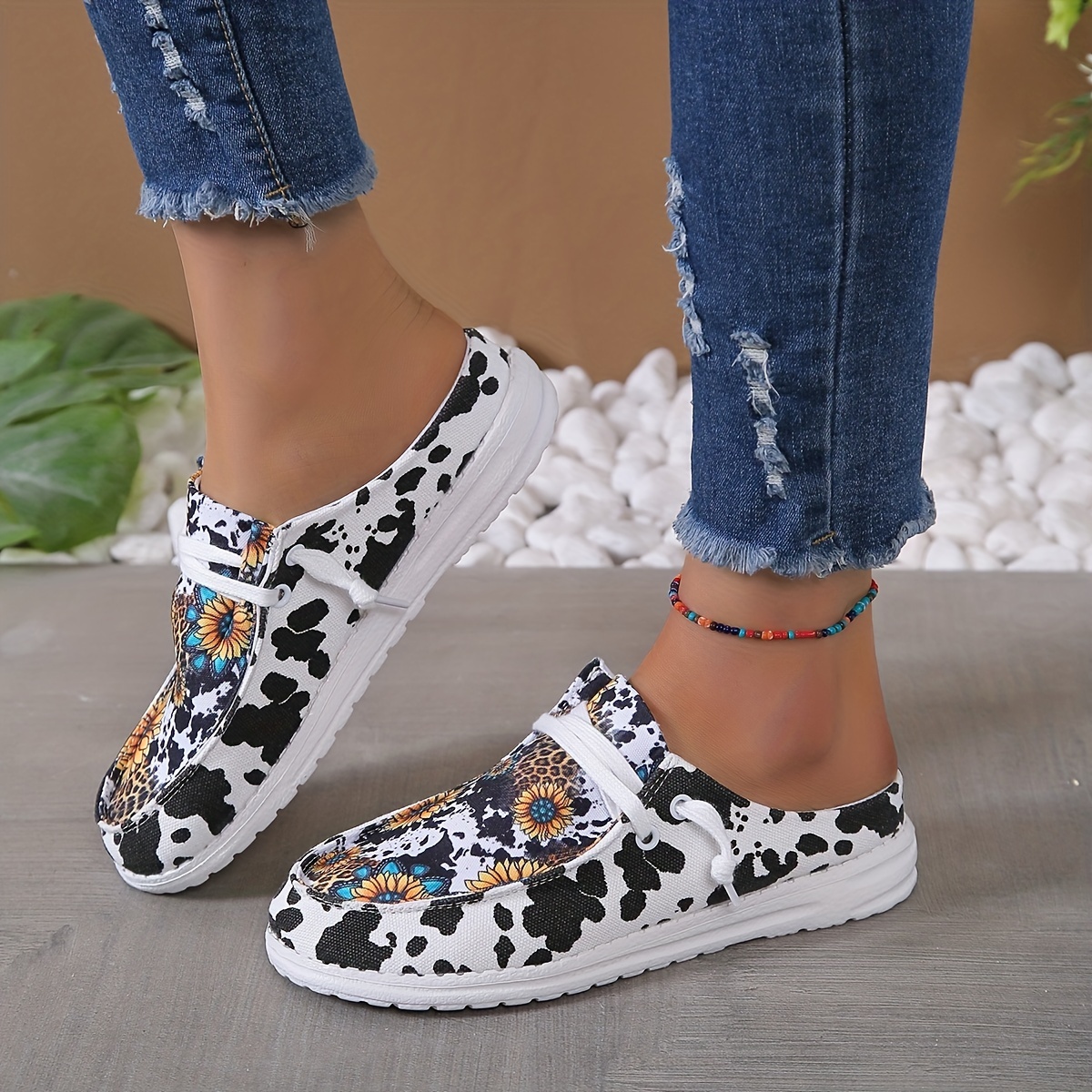 Sunflower & Cow Pattern Mule Sneakers Lace Up Shoes