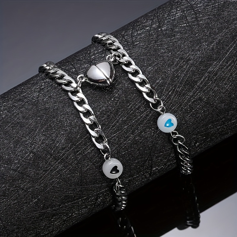 2pcs Black Magnetic Bracelet, Stainless Steel Heart-Shaped Couple Bracelet for Men Women,Temu