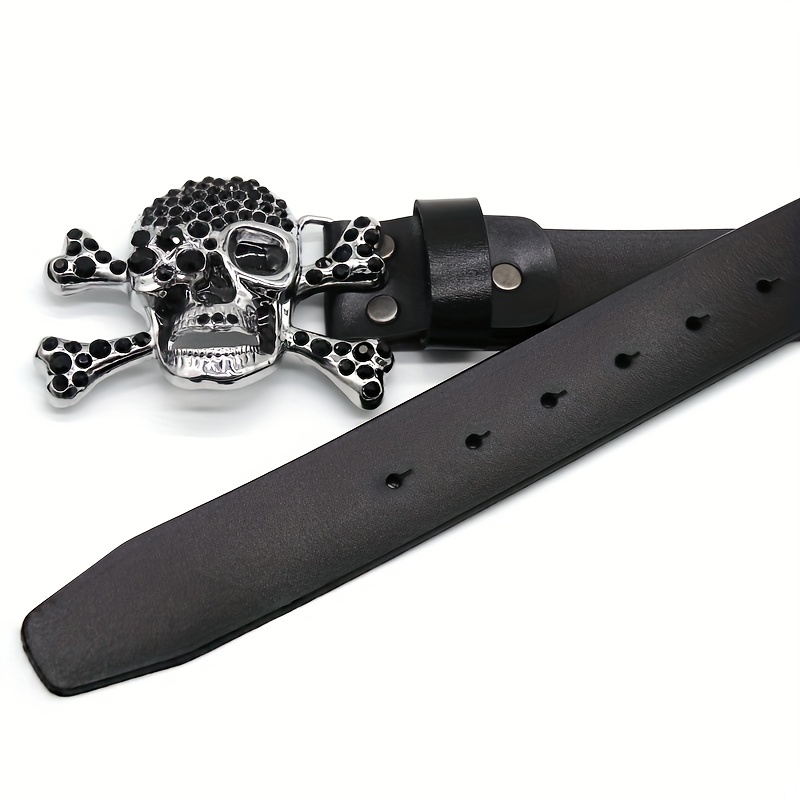 Men's Sparkle Rhinestone Skull Belts Western Punk Inlaid