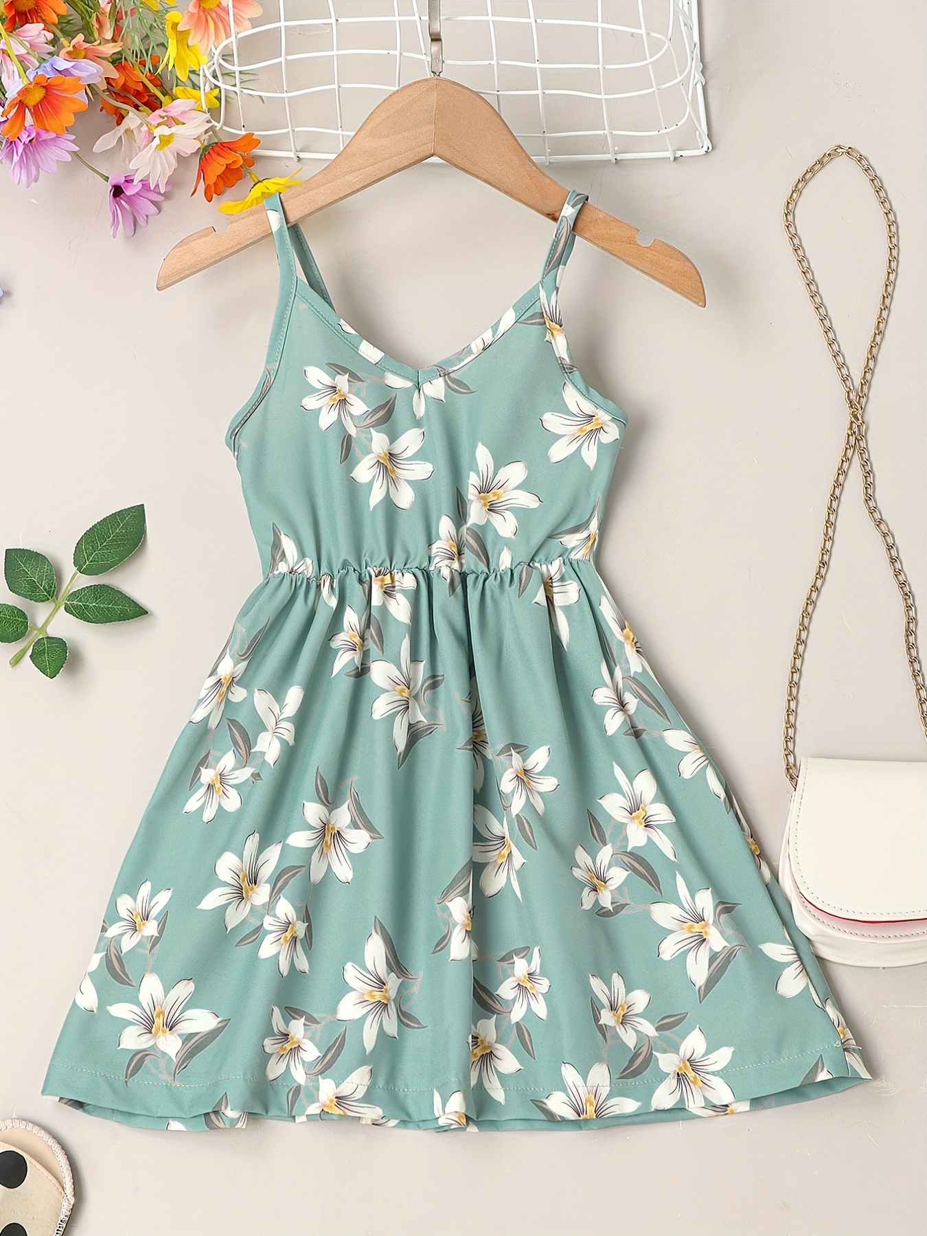 little girls cute sundress floral pattern party beach dress v neck elastic waist camisole dress for summer details 20