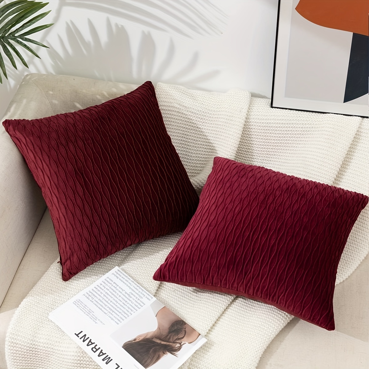 2pcs Throw Pillows With Inserts Included, With Velvet Striped Pillow  Covers, Red Throw Pillow For Farmhouse Sofa Couch Home Decor