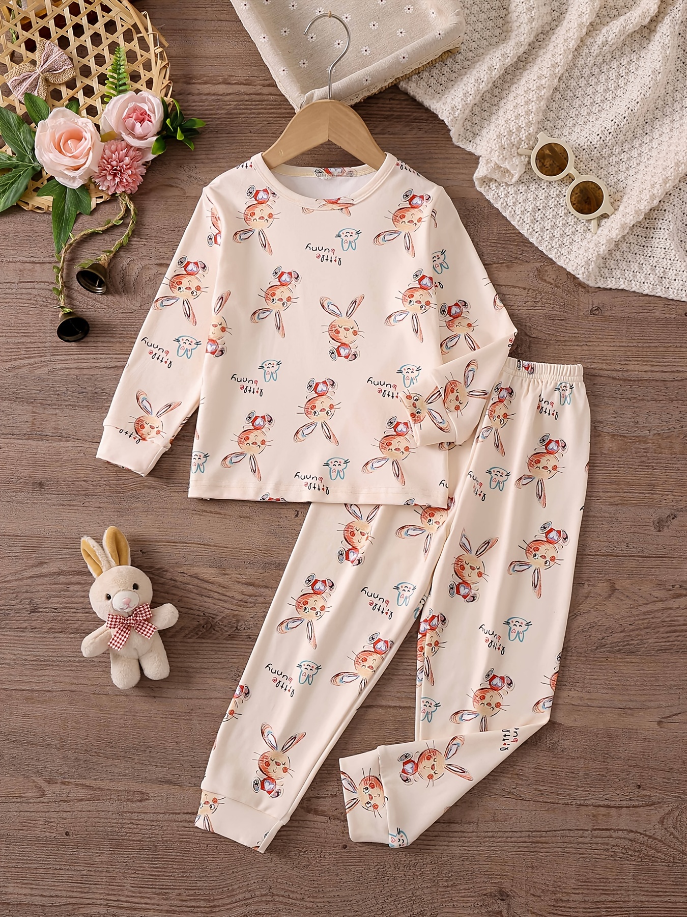 Baby Girls Pajamas Family Outfit Easter Rabbit Print Round Neck Long Sleeve  Top & Pants Set Kids Clothes