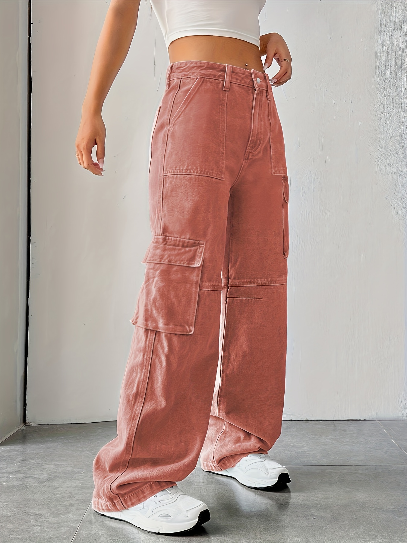 Plain Side Flap Pocket Cargo Jeans High Waisted Loose Fit - Temu Canada