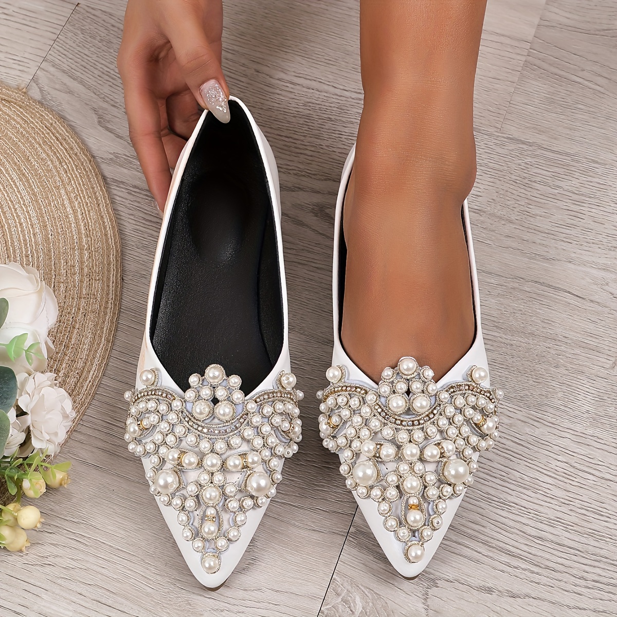Wedding Shoes Women Bridal Shoes Satin Pearl Rhinestone Pointed