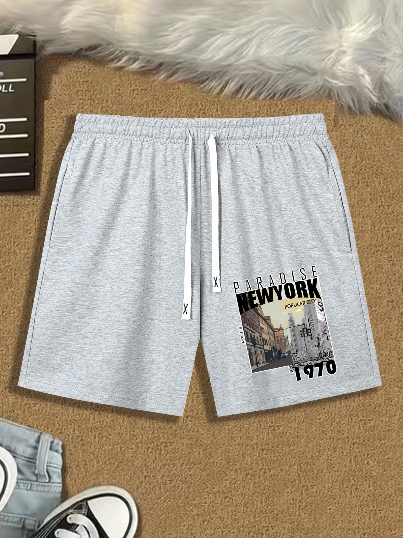 new York'' Print, Men's Comfy Loose Drawstring Shorts, Male Summer