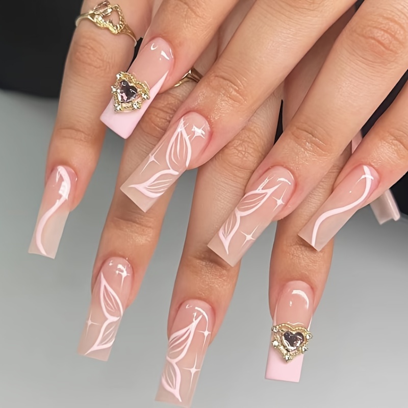 Glossy Long Ballet Fake Nails Nude Press On Nails With - Temu