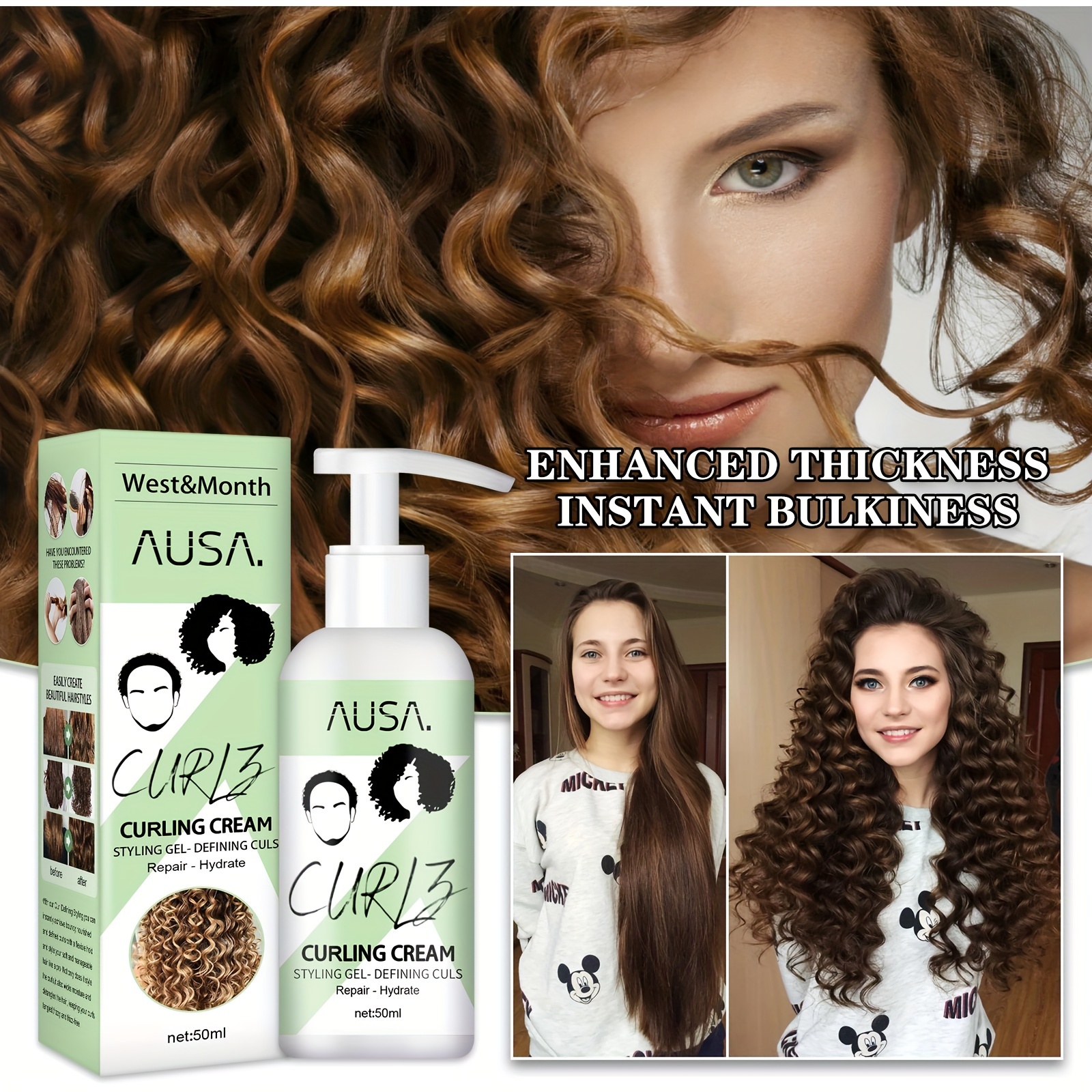 Curling Cream, Curly Hair Styling Cream Elastin, Natural Frizz Control,  Moisturizing * Conditioner Cream, Professional Styling Cream For Wavy & Cur