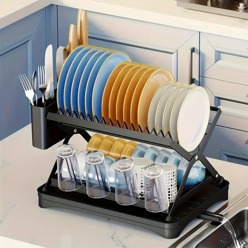 1pc Easy Life Dish Drying Rack Collapsible: 2-Tier Dish Rack With  Drainboard, Self Draining Dish Dryer For Kitchen Counter Rustproof,  Foldable Utensil