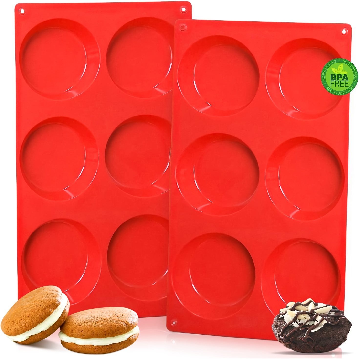  2 Pcs Large Silicone Molds for Baking, 6-Cavity Round Silicone  Baking Mold, Non-Stick 4” Baking Disc Molds for Whoopie Pie, Egg Pan,Muffin,  Candy, Soap, Hamburger, Resin Coasters (Red) : Home 