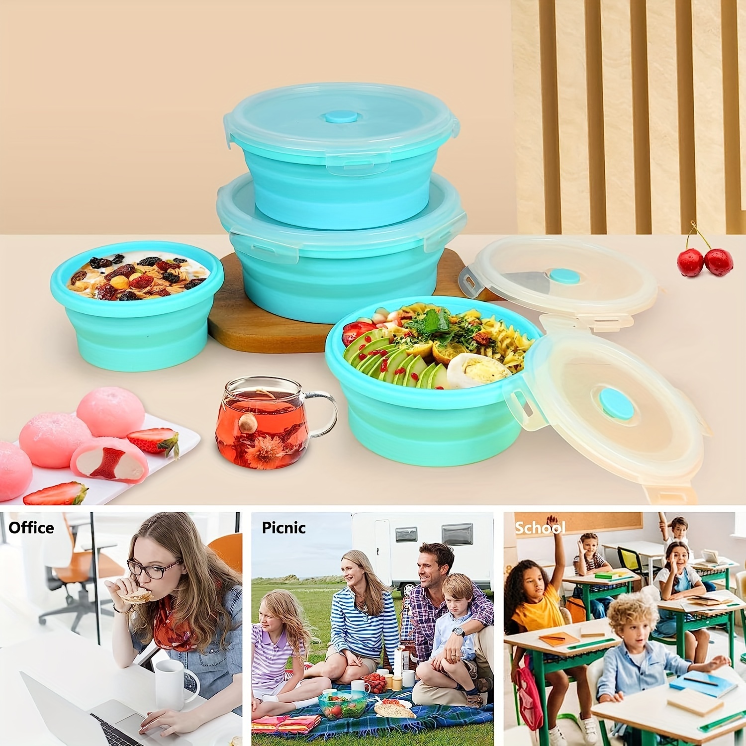 Folding Silicone Insulated Lunch Box, Collapsible Portable Round Bento Box  For Office Workers, Leakproof Food Storage Container With Bpa Free Airtight  Lid, Microwave And Freezer Safe, Home Kitchen Supplies - Temu