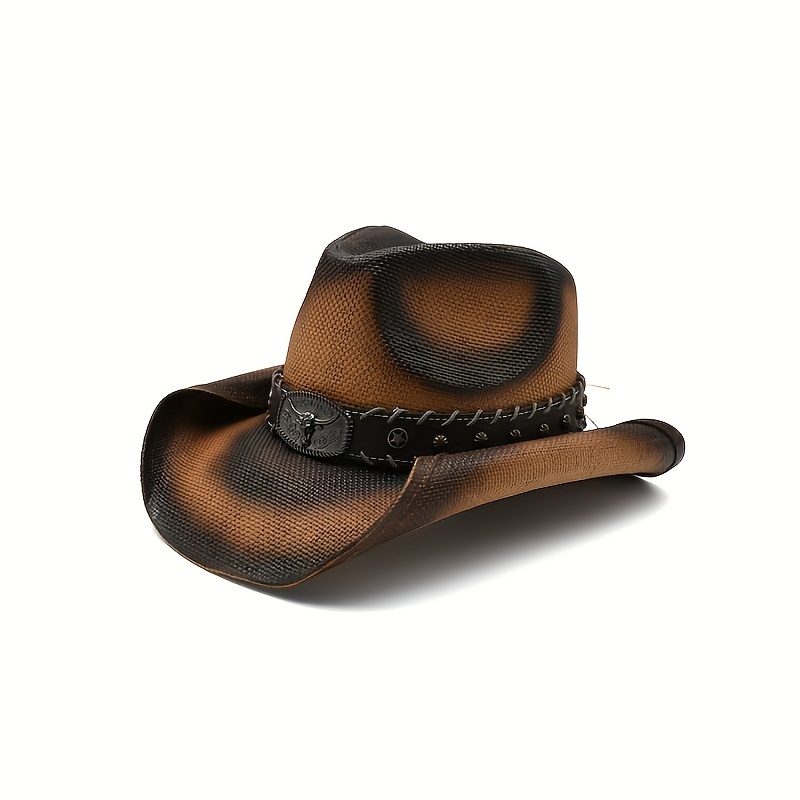 Vintage Rolled Brim Cowboy Hats Western Bull Head Belt Decor Distressed Sun  Hats Breathable Sun Shade Cowgirl Hat For Women Men