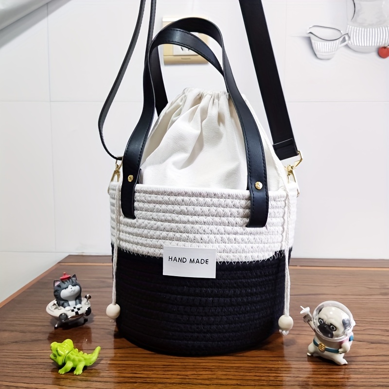Colorblock Straw Bucket Bag Crossbody Drawstring Purse