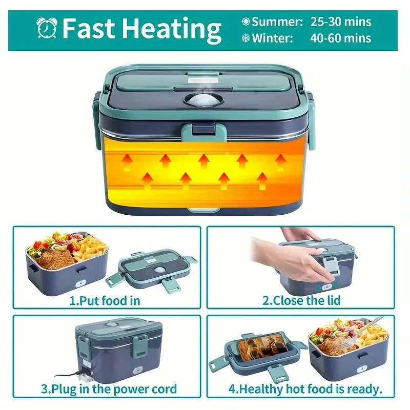 1.8L Electric Lunch Box 60W Food Heated Portable Food Warmer Heater for Car/Truck/Home  Heating Box with Insulated Box