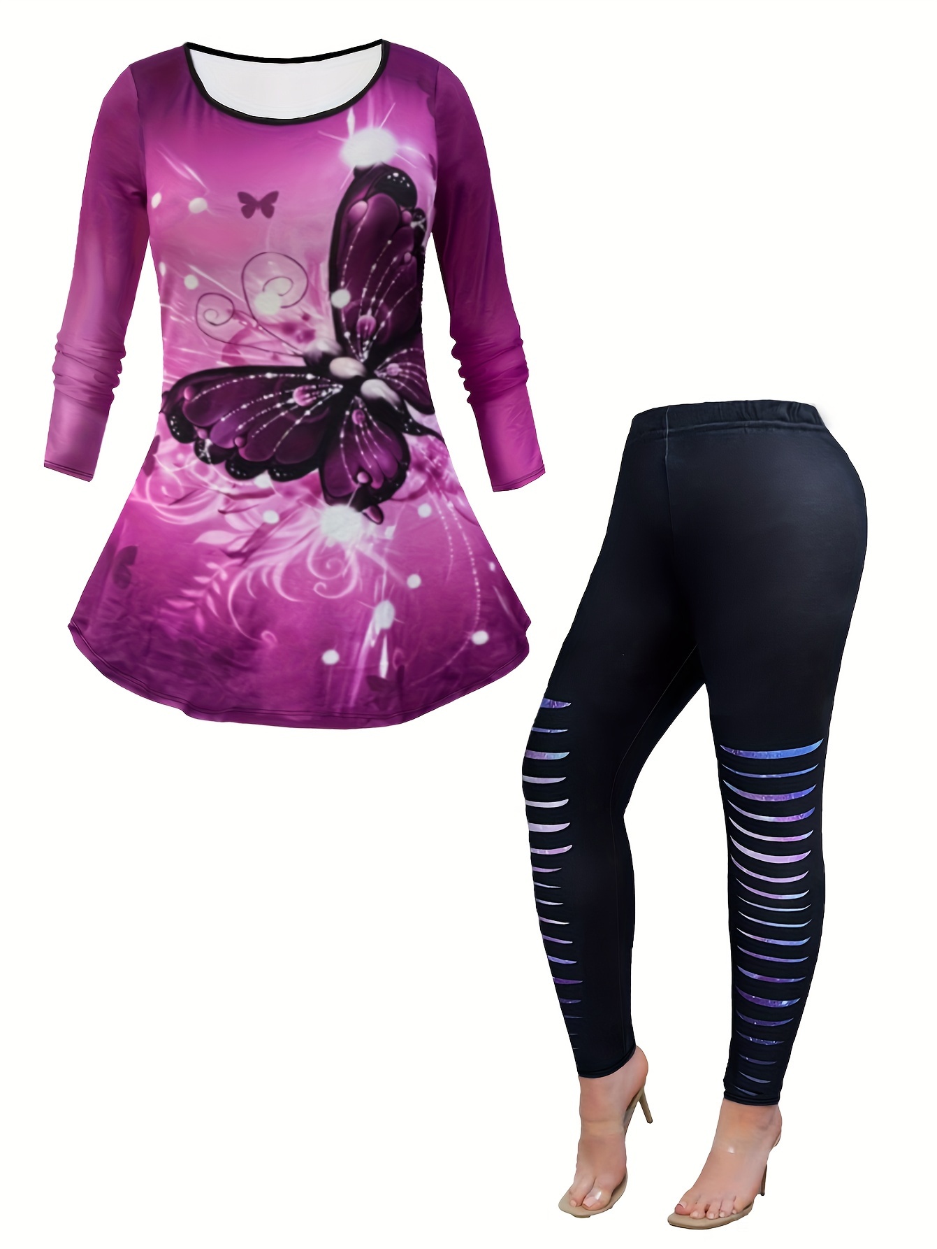 Plus Size Sports Leggings Women's Plus Lace Butterfly Print - Temu
