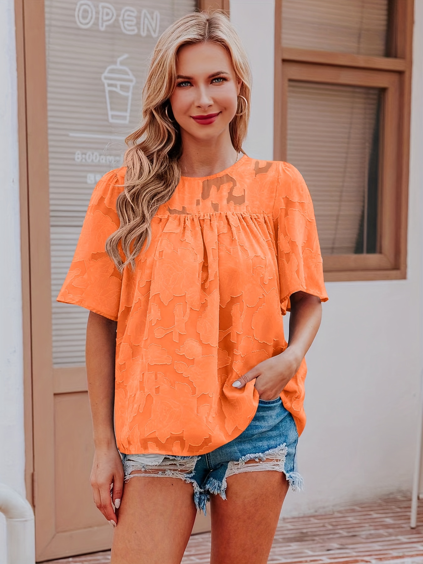 Casual Lace Flare Sleeve Blouse Short Sleeve Crew Neck Solid - Temu