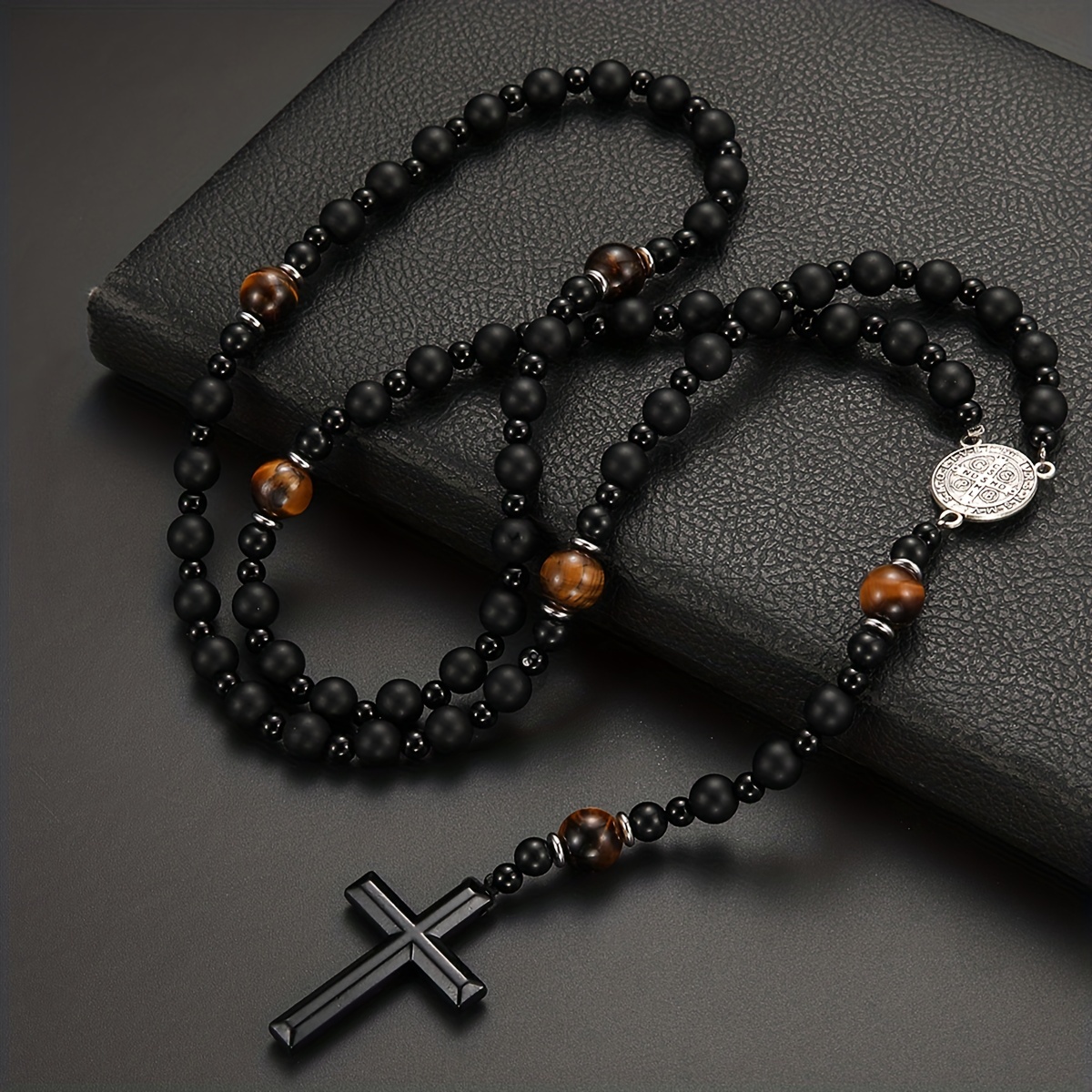 Trendy Black & Yellow Tiger Eye Beaded Pendant Necklace