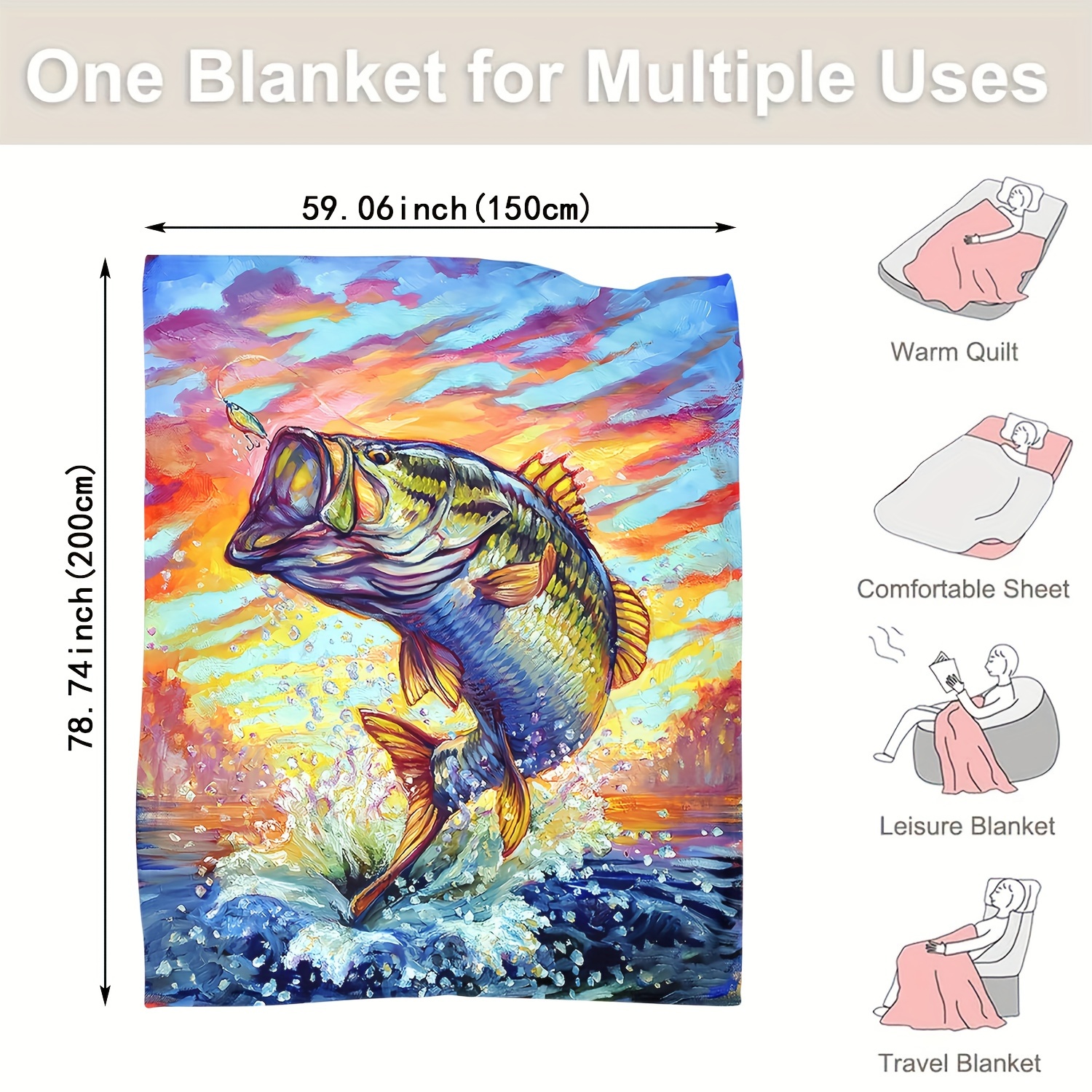 1pc Fish Print Blanket, Outdoor Fishing Lovers Blanket, Soft Warm Throw  Blanket Nap Blanket For Couch Sofa Office Bed Camping Travel, Multi-purpose  Gi