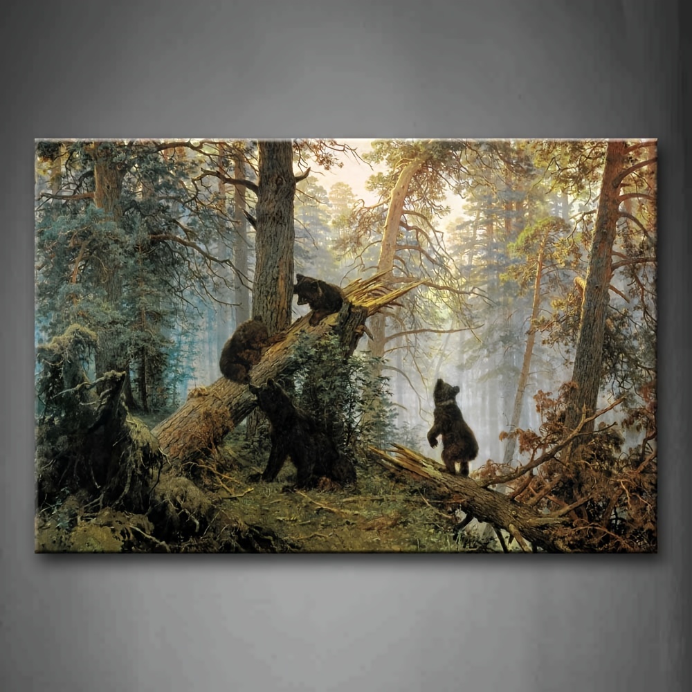

1pc Bears Play In Forest Broken Tree Wall Art Painting The Picture Print On Canvas Animal Pictures For Home Decor Decoration Gift 24x16 Inch Unframed