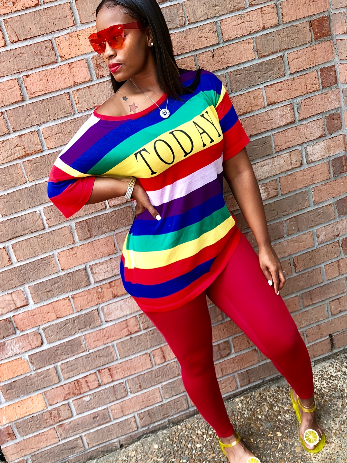 Women's Outfit Rainbow Striped Short Sleeve T shirt Solid - Temu