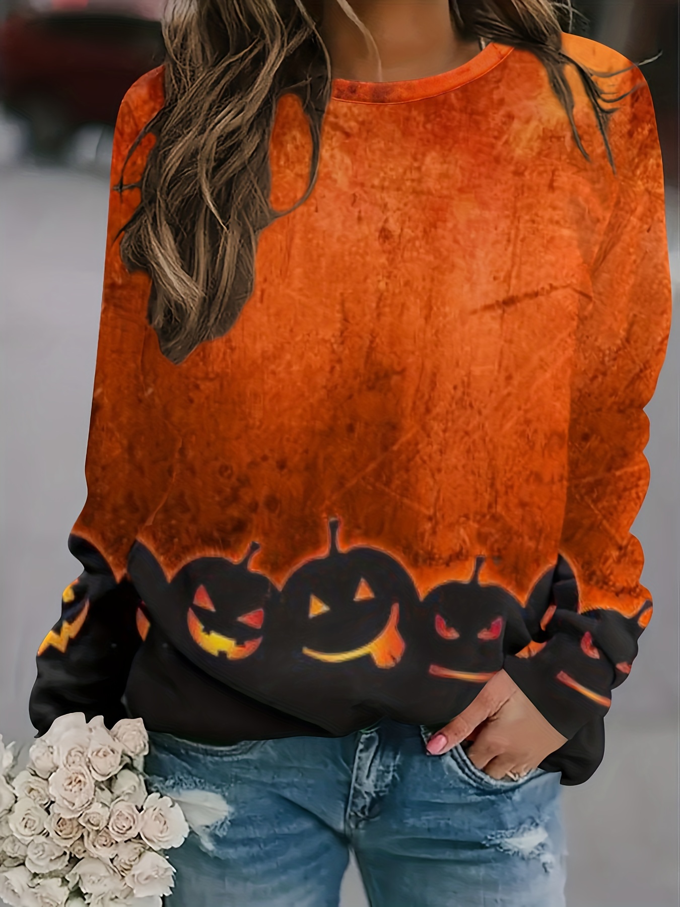 Sudadera Roja Con Estampado De Calabaza Y Cuello Redondo De Moda