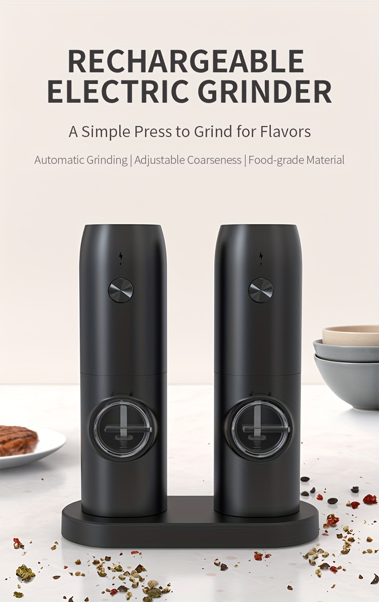 1 set portable two pack with charging base led light electric tool sea salt black pepper seasoning salt grinder with automatic adjustable grinding details 0