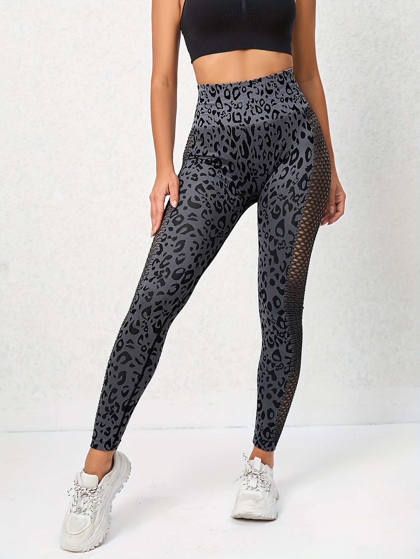 Hollow Leopard Print High Waist Stretch Gym Cycling Pants - Temu