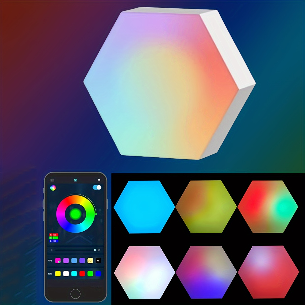 6 Stuks Slimme LED Lichtpanelen, Kleurrijke LED Cellulaire Quantum Hexagonale Lichtjes, Slimme App Bediening, Dubbele Bediening Hexagonale LED Lichtmuurpanelen Met USB-Stroom, Geometrische Hex Lichtjes Touch Voor Spelkamer Decoratie details 2