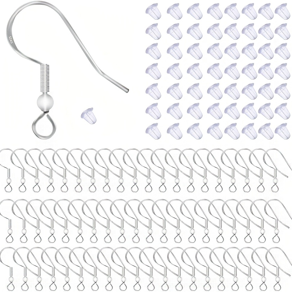 925 Sterling Silver Earring Hooks 120 PCS/60 Pairs, Ear Wires Fish Hooks,  Hypo-allergenic Jewelry Findings Parts with 120 PCS Clear Silicone Earring  Backs Stoppers for DIY Jewelry Making Silver 120