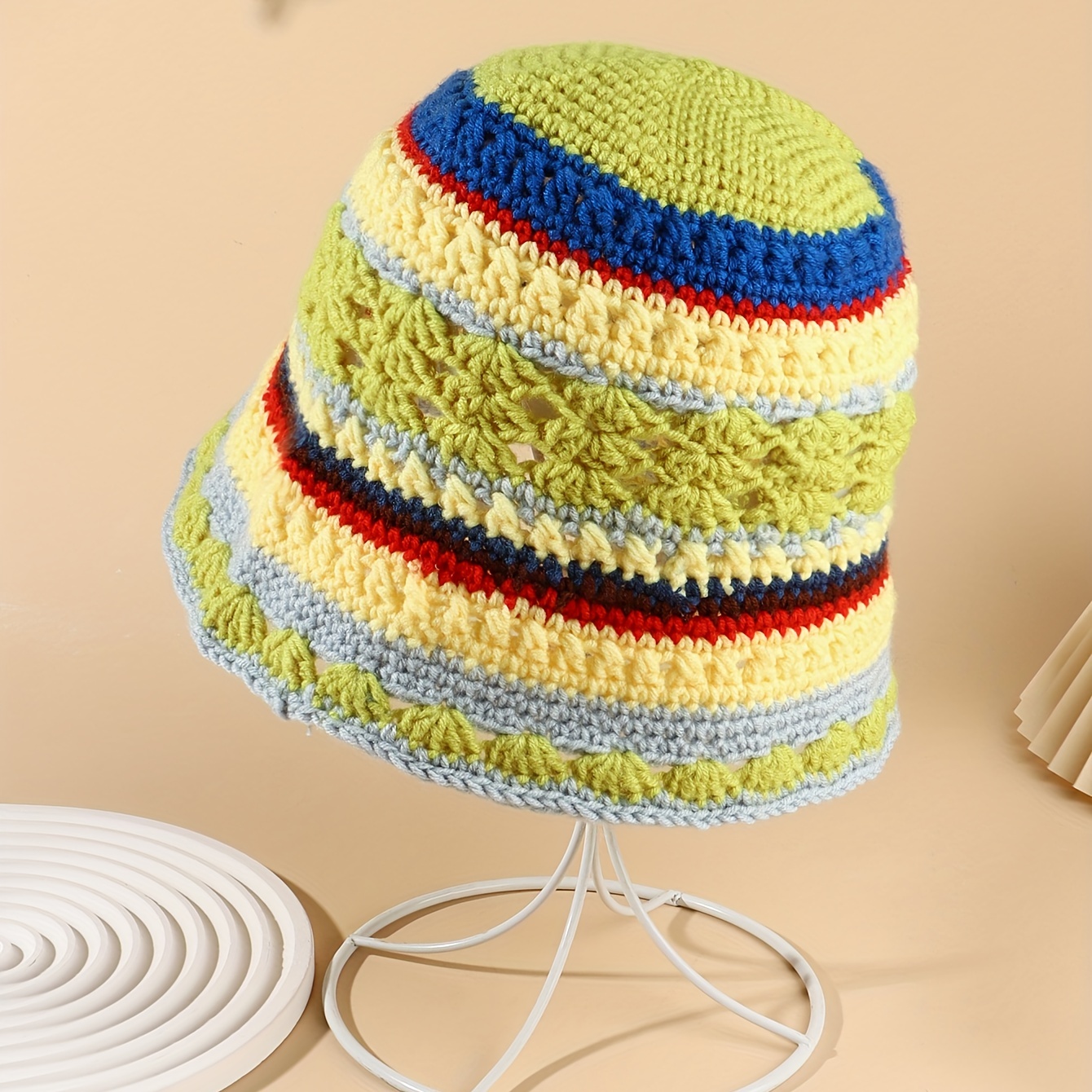 Vintage Color Block Crochet Beanie Summer Bucket Hat Classic - Temu