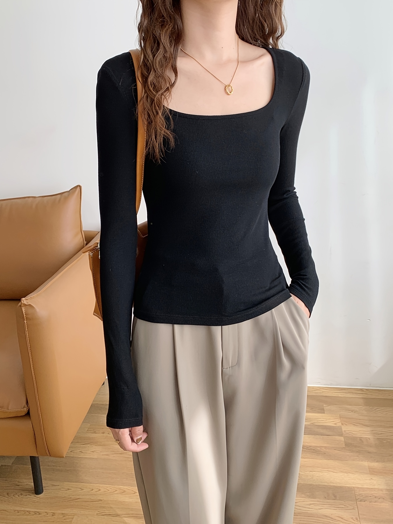 Long Sleeve Solid Slim Fit Casual Crop Top Square Neck Every - Temu