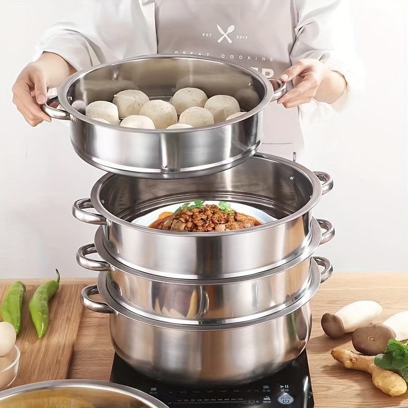 Thickened Multi-layer Stainless Steel Steamer Household Stewing Steaming  Basket Large Steaming Tray Electromagnetic Stove Gas Stove Special Set -  Temu