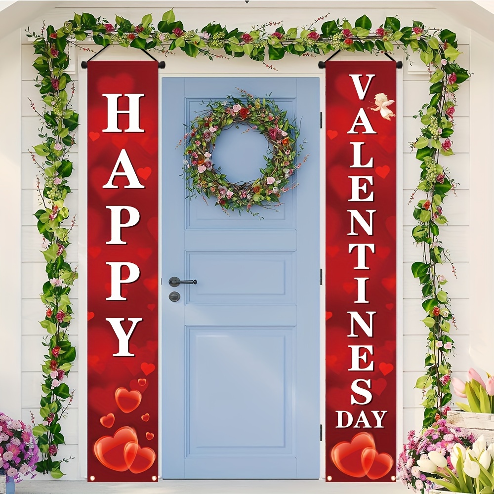 

2pcs/pair, Happy Valentine's Day Front Door Porch Sign, Polyester Love Heart Red Background Patio Outdoor Indoor Party Decoration Hanging Banner 11.8x70.8 Inch