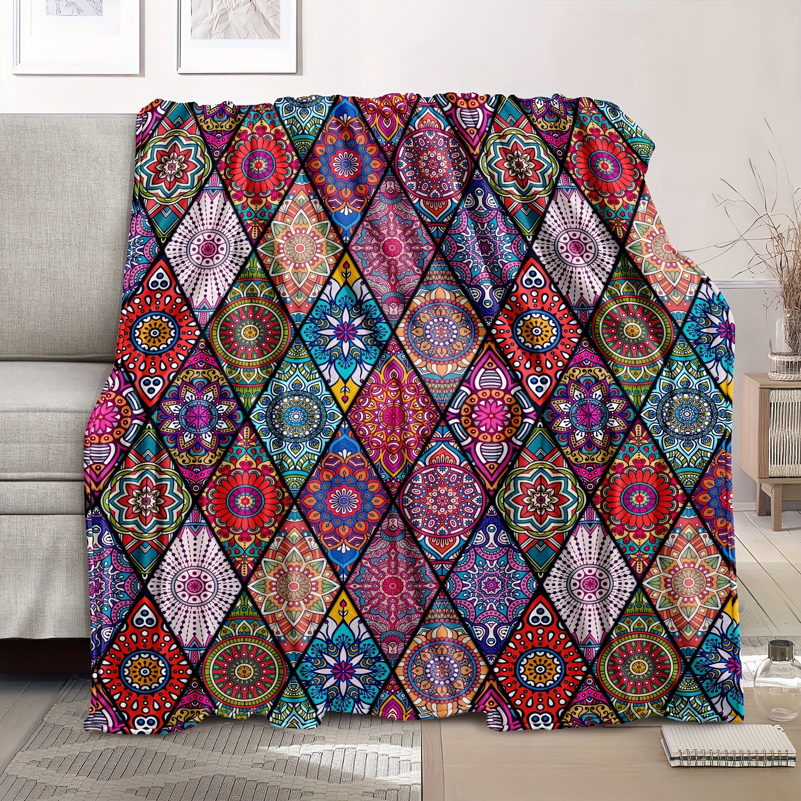 

1pc Flannel Throw Blanket, Boho Style Floral Pattern Printed Blanket, Warm Cozy Soft Blanket For Couch Bed Sofa Car Office Camping Travelling, Gift Blanket Suitable For All Seasons Ramadan