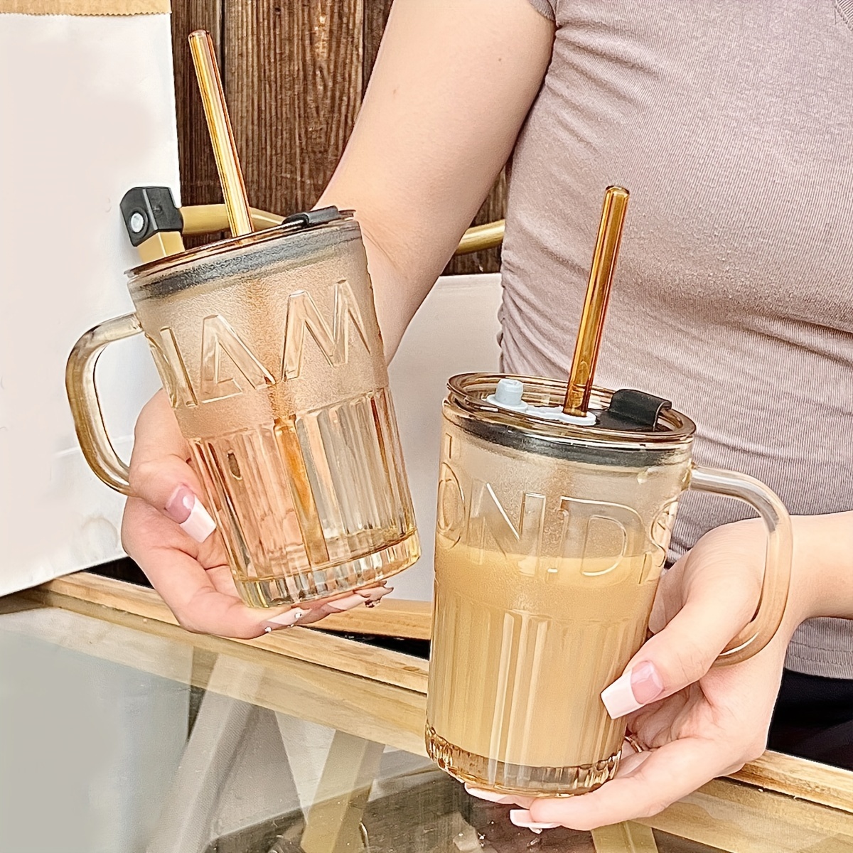 Glass Cup With Straw And Lid, 15.4oz (about 450g) Iced Coffee Cup, Water Cup,  Smoothie Cup, Aesthetic Couple Cup For Home Use