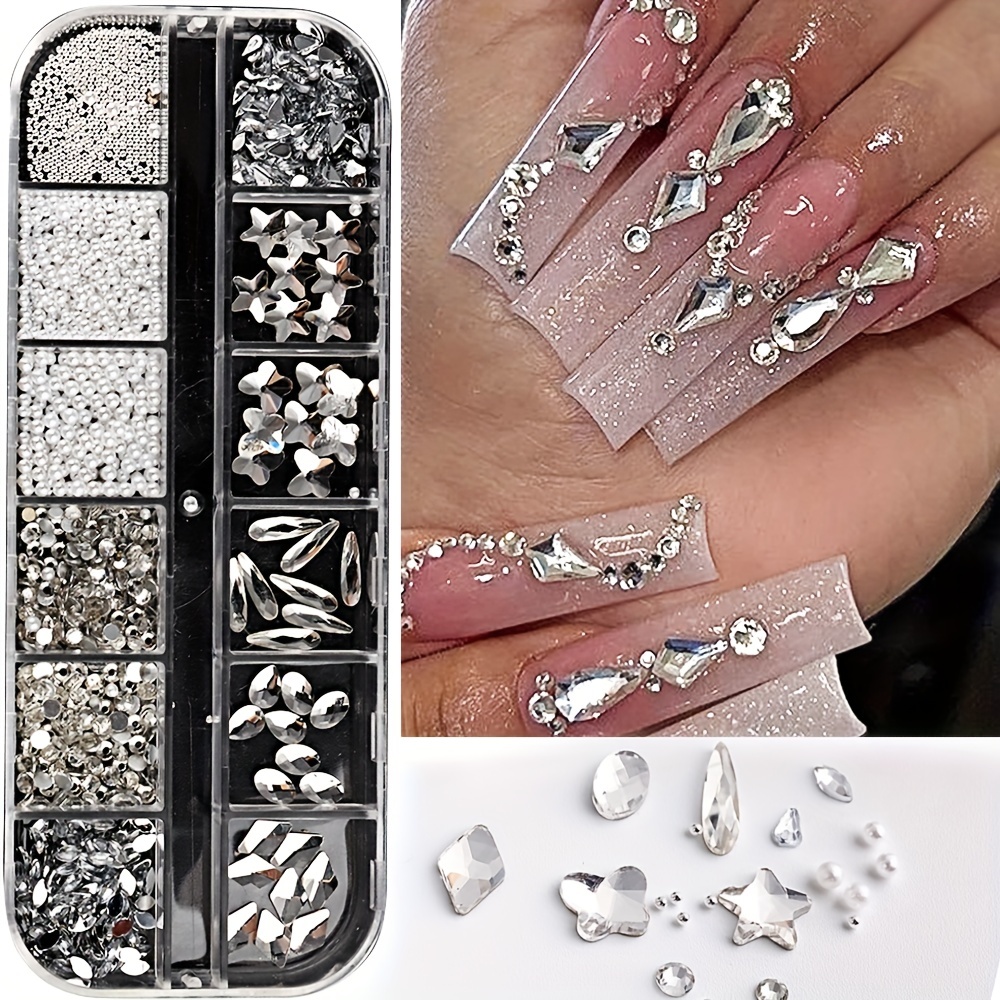 12Grids/Box Nail Art Rhinestones Mix Shaped Flatback Nail Crystals 3D DIY  Nail Art Decoration for Nail Art Gems