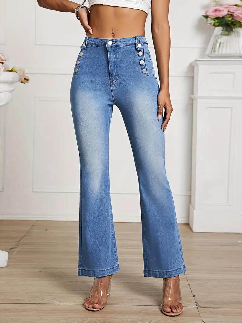 Jean évasé bleu taille haute, pantalon en denim extensible à taille haute  et jambes larges, jeans et vêtements en denim pour femmes