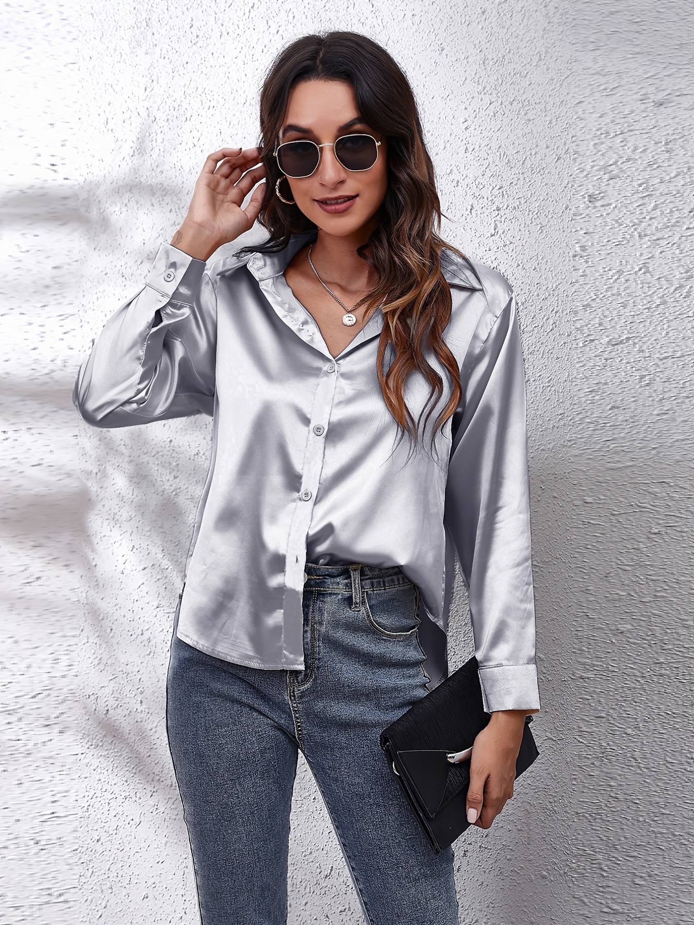 Solid Color Long Sleeve Button Tops Business Casual Blouses - Temu