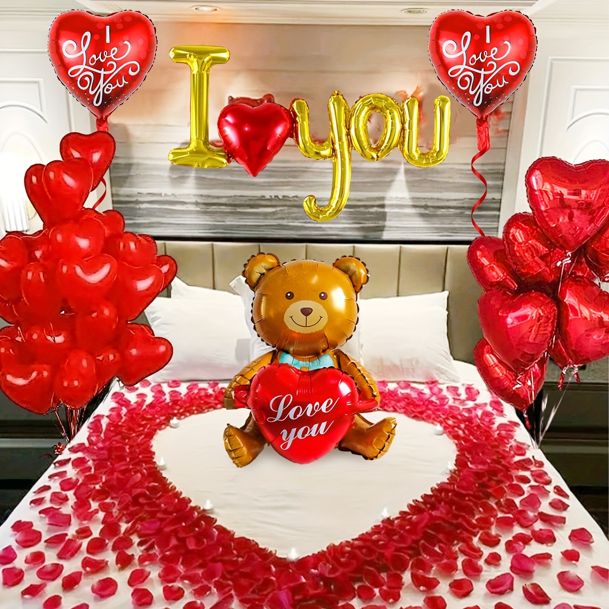 1 Set Valentine's Day Balloon Decoration Kit - Teddy Bear Aluminum Foil  Balloon & 8pcs Red Heart-shaped Balloons & I Love You Balloon And Red  Heart-sh