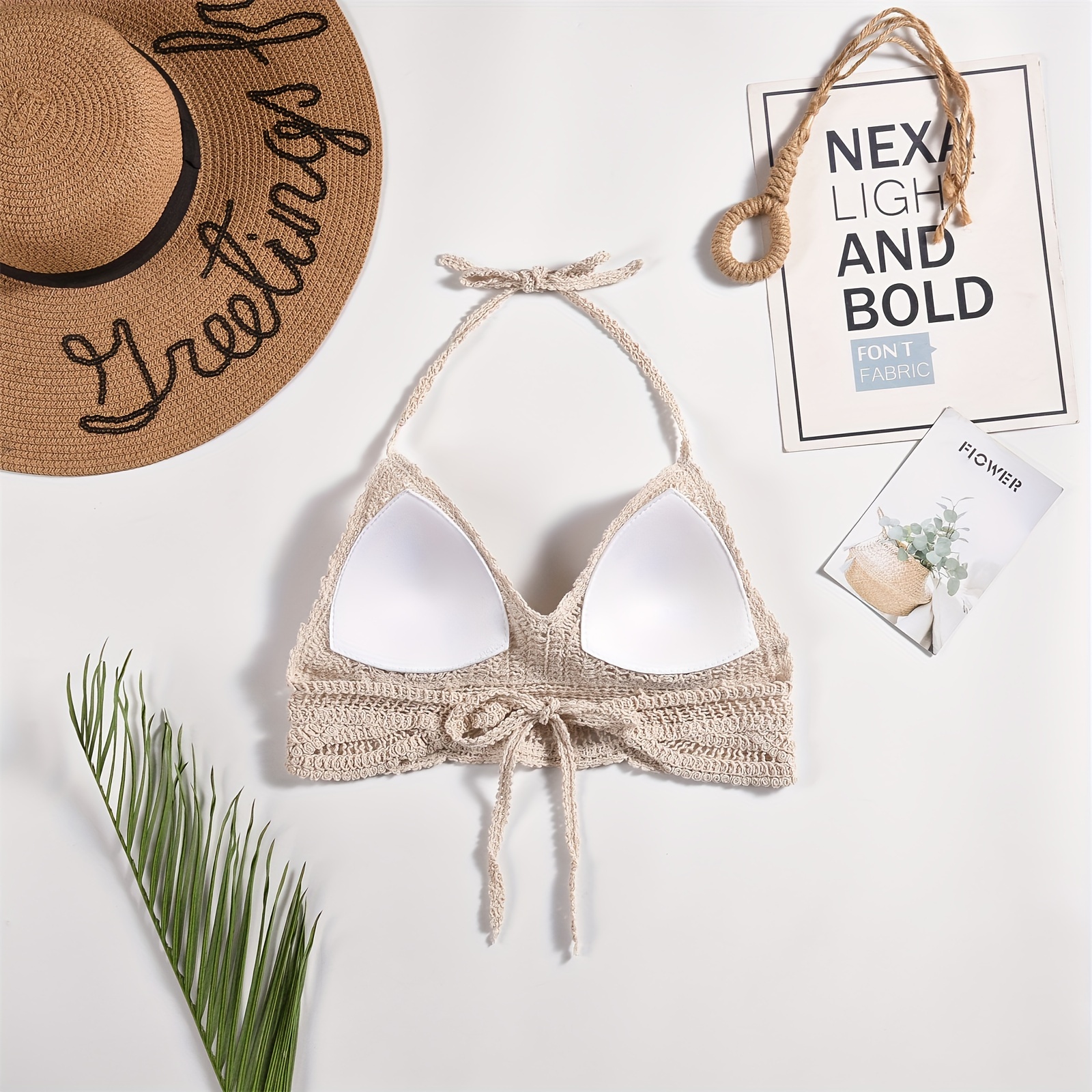 Bohemian Ethnic Cut-Out Swimsuit Top - Adjustable Lace-Up Halterneck with Geometric Embroidery, Backless Mini Vest & Suspender Straps, Non-Removable Chest Pads, Hand Wash Only Women's Beachwear, Cute Bathing Suits, Adjustable Swimwear, Boho Chic Style, Handwashable Fabric