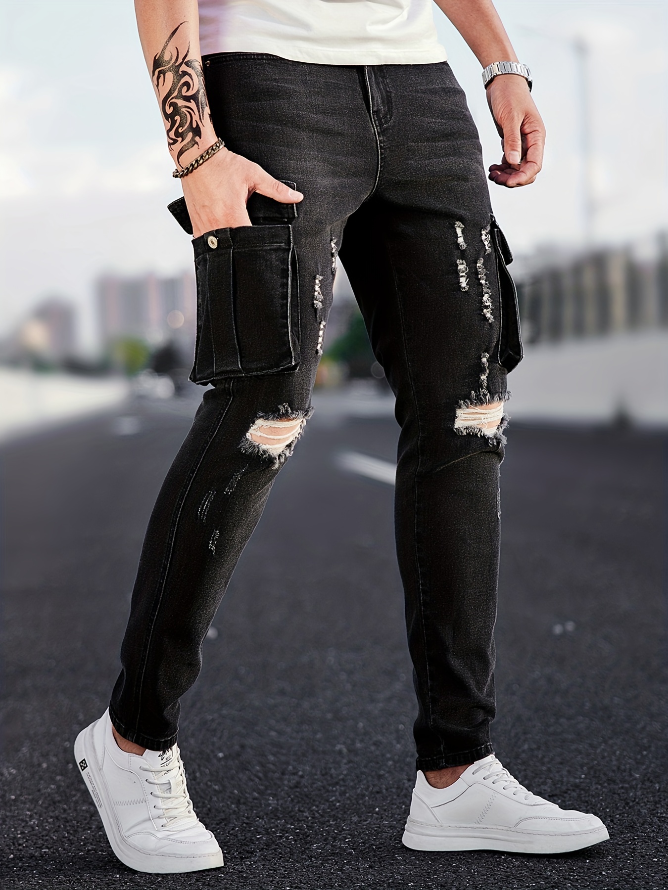 Loose Fit Flap Pocket Jeans Men's Causal Street Style Cargo - Temu