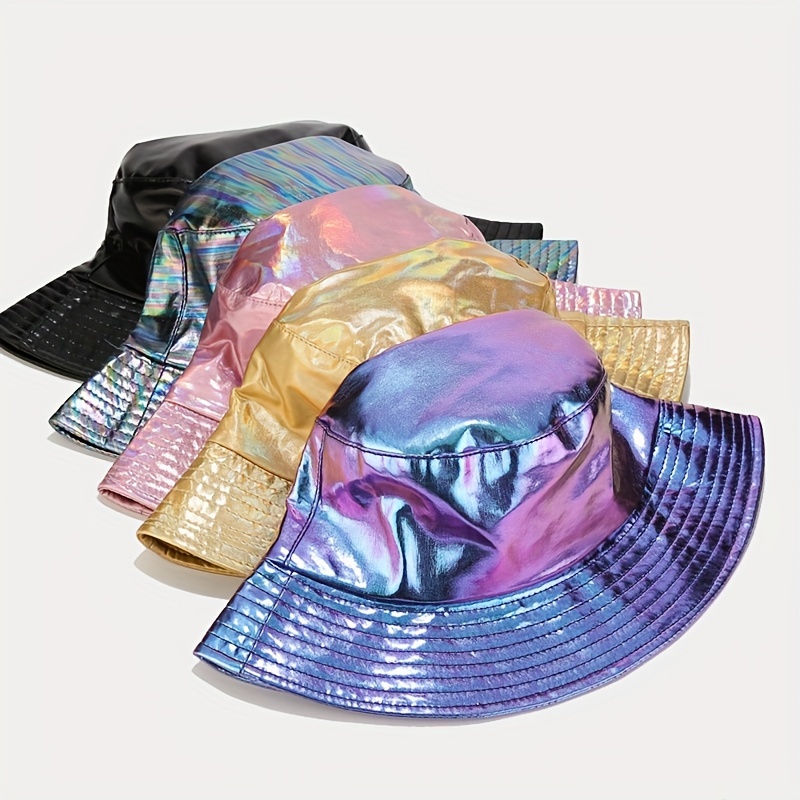 Laser PU Metallic Bucket Hat Trendy Y2K Fisherman Hats Reversible Packable Sun Hat, Bucket Hats Rapper Hip Hop Basin Hats for Women Men,Temu