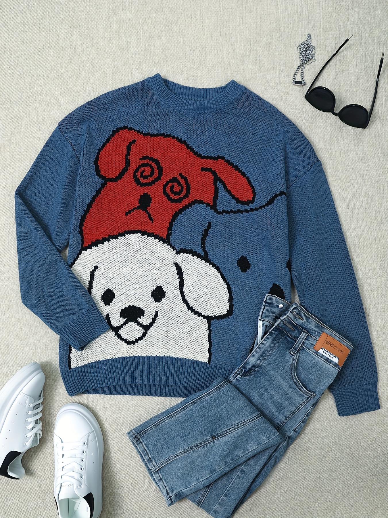 Cartoon Dog Casual Crew Neck Sports Sweater, Longs Sleeve Casual Pullover Sweater, Women s Tops details 9