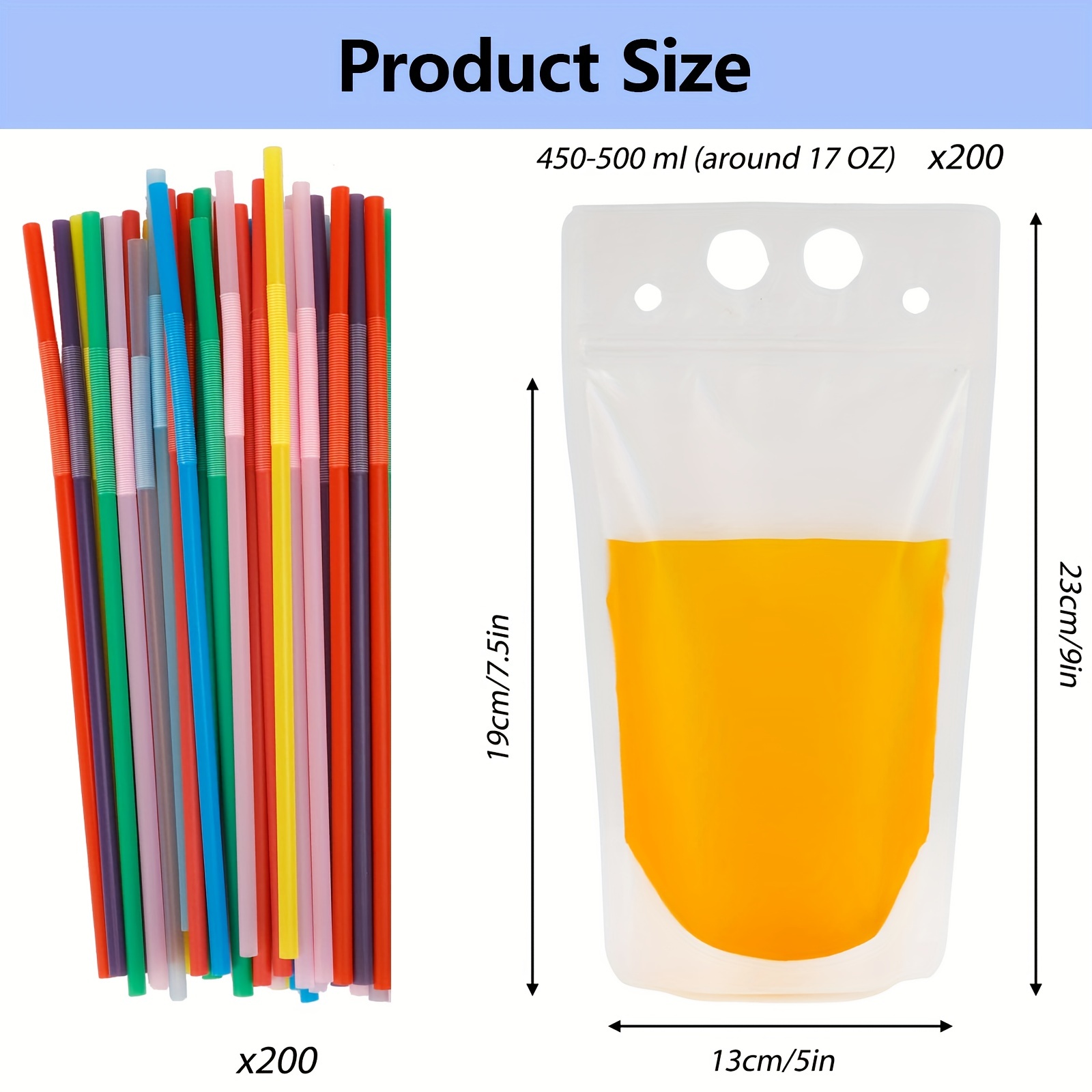 100 PCS Drink Pouches for Adults, Reusable Drink Pouches with 100 Straws  Funnel, Heavy Duty Stand-up Juice Pouches Plastic Smoothie Drink Bags for
