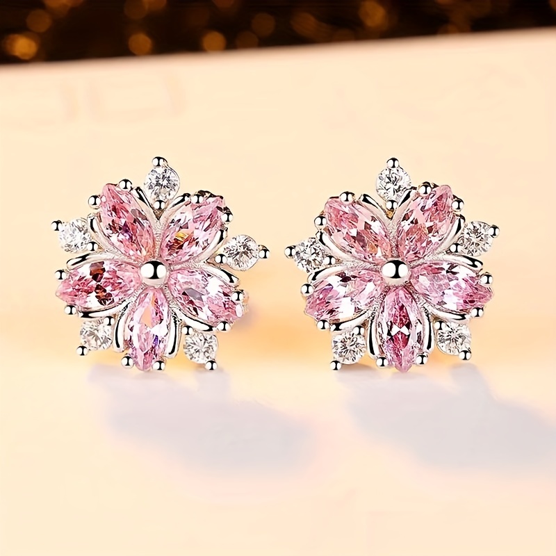 

Cherry Blossoms Stud Earrings For Women Copper Zircon Silver Plated Elegant Style Exquisite Jewelry Birthday Gifts