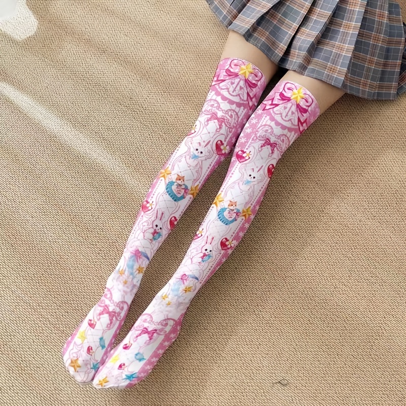 Kawaii Anime Thigh High Socks Cute Cartoon Print Knee - Temu