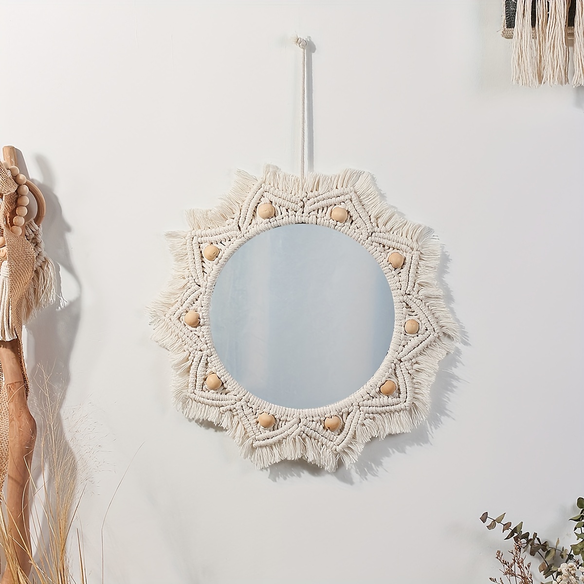 Boho Handmade Rope Woven Mirror Hanging Ornament Background - Temu